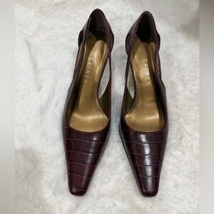 Ralph Lauren Burgundy Croc-Embossed Leather Heels